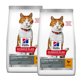 Hill's Science Plan Sterilised Cat Adult 1-6 Huhn Geschmack Katzenfutterbeutel mit orange-weißem Katzenbild.
