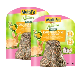 Zwei Pakete MultiFit Nature Snacks mit der Aufschrift "Knusper-Glocke mit Löwenzahn," mit einem knusprigen Glockenleckerlis mit Löwenzahn, geeignet für kleine Haustiere.