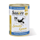 Dose Sanoro Hundefutter mit der Aufschrift "Sensitiv Lamm" und einer schwarz-weißen Hundillustration, mit "30% Muskelfleisch" und "Premium Hundenahrung."