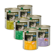 Sechs Dosen Wilderness-Hundefutter in den Geschmacksrichtungen: True Country, Deep Forest, Pure Turkey und Pure Sheep, jede mit 95% Fleischgehalt.