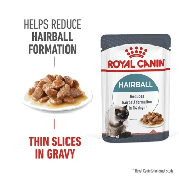 Royal Canin Hairball cat food pouch with a plate of thin slices in gravy, promoting hairball reduction in 14 days.
