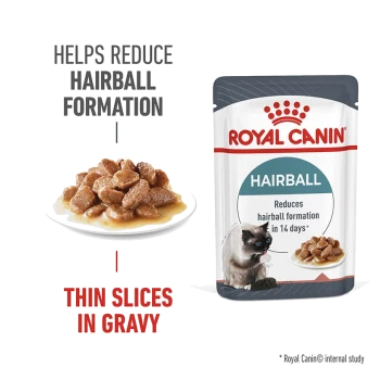 Royal Canin Hairball cat food pouch with a plate of thin slices in gravy, promoting hairball reduction in 14 days.