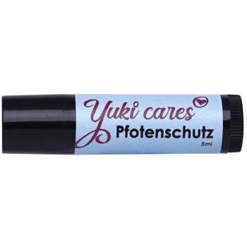Yuki cares Pfotenschutz-Balsam in einer 5-ml-Tube mit einem hellblauen Etikett und schwarzem Deckel.