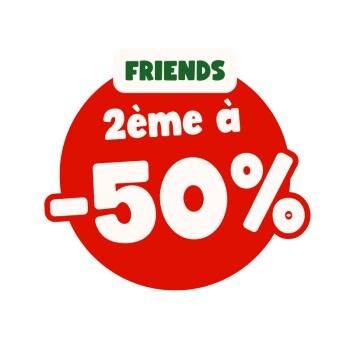 Badge de promotion circulaire rouge avec un onglet crème portant la mention « FRIENDS » et texte blanc « 2ème à -50% »