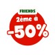 Badge de promotion circulaire rouge avec un onglet crème portant la mention « FRIENDS » et texte blanc « 2ème à -50% »