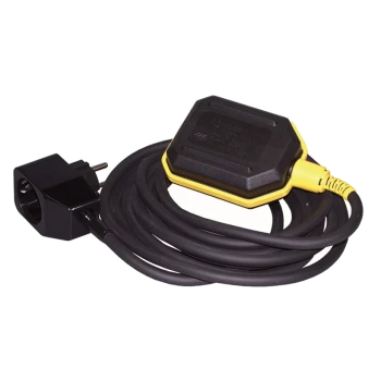 Schwarz-gelbes Elektrokabel mit einem Stecker und einem rechteckigen Anschluss, entworfen für den Außeneinsatz.