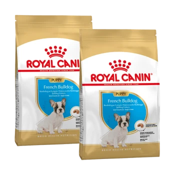 Zwei Tüten Royal Canin Welpenfutter für Französische Bulldoggen, mit einem Bild eines Welpen auf der Vorderseite und Text, der rassespezifische Ernährung beschreibt.