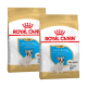 Deux sacs de nourriture pour chiots Royal Canin pour Bulldogs Français, présentant une image d'un chiot sur le devant et un texte détaillant la nutrition spécifique à la race.