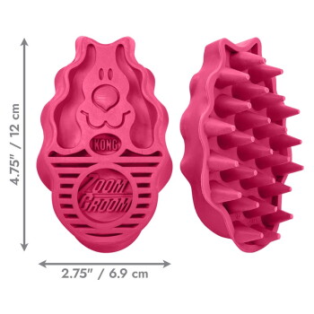 Rosa KONG Zoom Groom-Fellbürste, Vorderseite in Hundeform mit Prägung KONG und ZOOM GROOM, stachelige Rückseite, gezeigt mit den Maßen 4,75 x 2,75 Zoll.