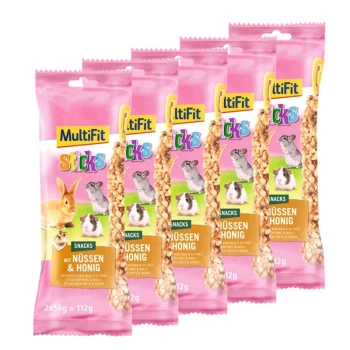 Sticks 5x2 Sticks mit Nüssen und Honig MultiFit Sticks Haustiersnacks mit Nüssen und Honig, mit Bildern eines Kaninchens, Meerschweinchens und eines Chinchillas auf pinkfarbener Verpackung.