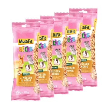 MultiFit Sticks Haustiersnacks mit Nüssen und Honig, mit Bildern eines Kaninchens, Meerschweinchens und eines Chinchillas auf pinkfarbener Verpackung.