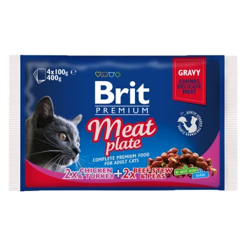 Brit Premium Meat Plate dla dorosłych kotów, z 4x100g paczkami kurczaka, indyka, gulaszu wołowego i groszku w sosie.