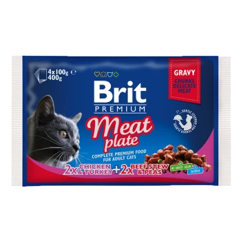 Brit Premium Fleischplatte für erwachsene Katzen, mit 4x100g Packungen Huhn, Truthahn, Rindereintopf und Erbsen in Soße.