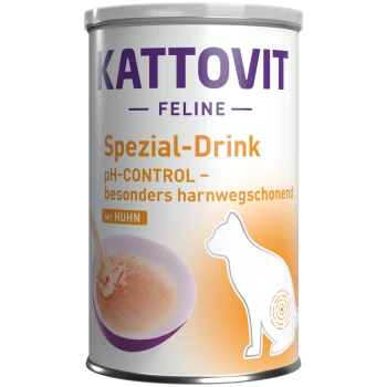Boîte de KATTOVIT FELINE «Spezial-Drink pH-CONTROL mit Huhn» dont l'étiquette montre du bouillon versé dans une coupelle et une silhouette de chat.