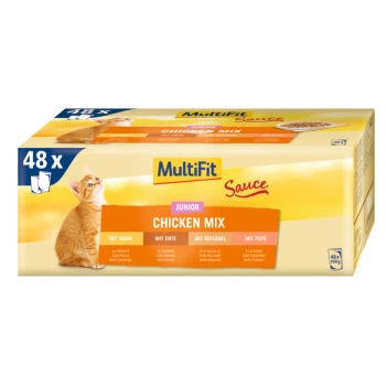 Packung mit 48 MultiFit Junior Hühner-Mix Katzenfutter, mit einem verspielten Kätzchen und Geschmacksrichtungen: Huhn, Ente, Geflügel und Truthahn.