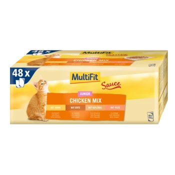 Pack of 48 MultiFit Junior Chicken Mix cat food, featuring a playful kitten and flavors: chicken, duck, poultry, and turkey.