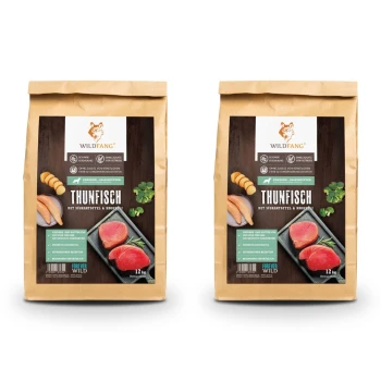 Premium-Hundefutterbeutel mit Thunfisch, Süßkartoffel und Brokkoli, beschriftet mit "THUNFISCH" und einem Nettogewicht von 2 kg.