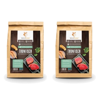 Premium-Hundefutterbeutel mit Thunfisch, Süßkartoffel und Brokkoli, beschriftet mit "THUNFISCH" und einem Nettogewicht von 2 kg.