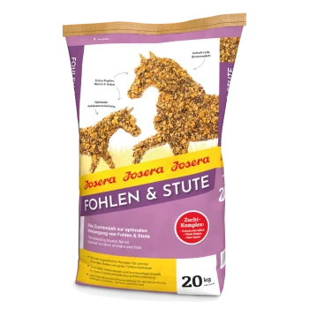 Eine 20 kg Tüte Josera Fohlen & Stute Pferdefutter, die eine Stute und ein Fohlen aus Getreide zeigt, mit Informationen über Ernährung und Zutaten.