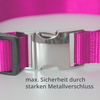 Nahaufnahme eines rosa Haustierhalsbands mit einer starken Metall-Schnalle, mit dem Text "max. Sicherheit durch starken Metallverschluss."