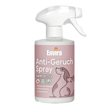 Flasche Envira Anti-Geruch Spray für Haustiere, mit einer Illustration von Hund und Katze, mit Text, der anzeigt, dass es Gerüche neutralisiert.