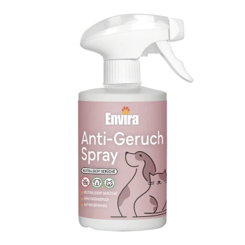 Flasche Envira Anti-Geruch Spray für Haustiere, mit einer Illustration von Hund und Katze, mit Text, der anzeigt, dass es Gerüche neutralisiert.