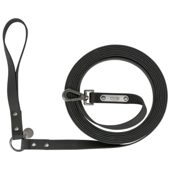 Schwarze Hundeleine ordentlich aufgerollt, mit einem stabilen Clip und einem Metallring, mit einem sichtbaren Logotag am Griff.