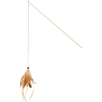 Katzenspielzeug mit einem Holzstab, an dem eine Schnur mit bunten Federn befestigt ist, ideal für interaktives Spielen.