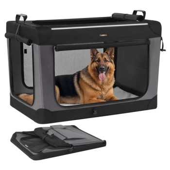 Grau/schwarzer faltbarer Hundekäfig aus weichem Material mit Netzfenstern und Reißverschlusstür, Deutscher Schäferhund innen, gefalteter Käfig daneben.