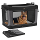Grau/schwarzer faltbarer Hundekäfig aus weichem Material mit Netzfenstern und Reißverschlusstür, Deutscher Schäferhund innen, gefalteter Käfig daneben.