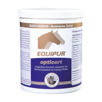 Behälter von EQUIPUR optiocort, einem Ergänzungsmittel für Pferde, mit Details zu Inhaltsstoffen und Vorteilen bei Cushing-Syndrom.