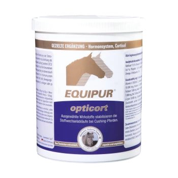 Behälter von EQUIPUR optiocort, einem Ergänzungsmittel für Pferde, mit Details zu Inhaltsstoffen und Vorteilen bei Cushing-Syndrom.