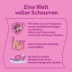 Pinkes Infografik mit dem Titel "Eine Welt voller Schnurren" hebt umweltfreundliche Praktiken, Recycling und verantwortungsvoll beschafften Fisch hervor.