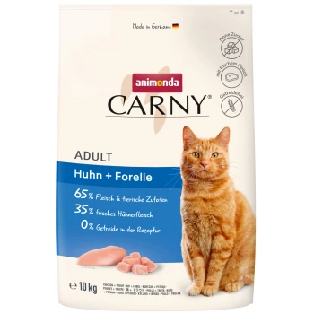 Carny Croquettes Chat Adulte poulet et truite 10 kg Emballage de nourriture pour chat arborant la marque "Animonda Carny", étiqueté "Adult Huhn + Forelle" avec 65% de viande, 35% de poulet, et sans céréales.