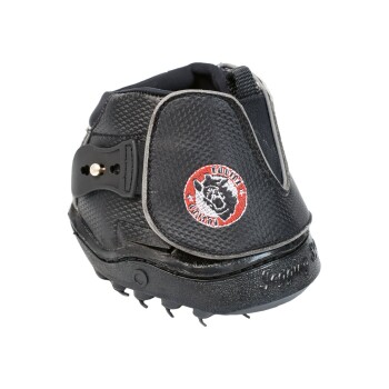 Schwarzer Haustierstiefel mit strukturierter Oberfläche, mit einem rot-weißen Logo-Patch, entworfen für Schutz und Traktion.