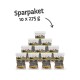 Sparpaket mit Haustierleckereien, bestehend aus 10 Beuteln à 275g, die in einer Pyramide gestapelt sind, mit einem Etikett, das "Sparpaket" an der Spitze zeigt.