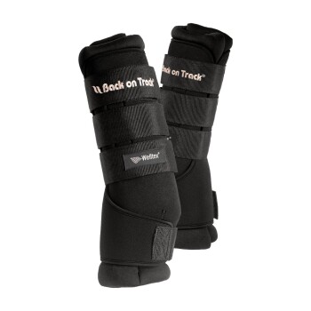 Zwei schwarze Pferdebeinschoner mit verstellbaren Riemen, die den Text "Back on Track" und ein "Welltex"-Logo zeigen.