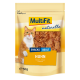 Un paquet de 50g de friandises naturelles pour chats MultiFit avec un chat tigré orange joueur sur le devant, étiqueté "Huhn" (poulet) pour les chats adultes.