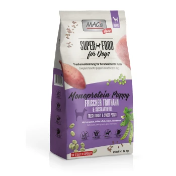 Hundefutterbeutel mit der Aufschrift "MAC's Mono Super Food for Dogs", mit "Monoprotein Puppy" mit frischem Truthahn und Süßkartoffel, 12 kg.