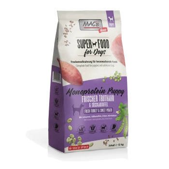 Sac de nourriture pour chiens étiqueté "MAC's Mono Super Food for Dogs," présentant "Monoprotein Puppy" avec de la dinde fraîche et de la patate douce, 12 kg.