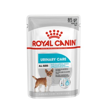 Royal Canin Urinary Care Hundefutterbeutel, 85g, mit einer kleinen Hundillustration, mit Text, der die Harnwegsgesundheit für alle Größen hervorhebt.