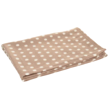 Gefaltete beige Haustierdecke mit weißen Punkten, weicher Textur, geeignet, um Haustiere warm und gemütlich zu halten.