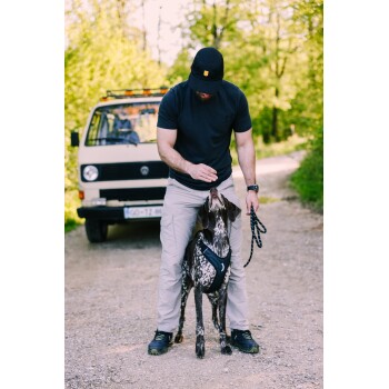 Mann trainiert ein Deutsch Kurzhaar im schwarzen Geschirr und an der Leine auf einem Kiesweg, im Hintergrund ein beiger VW-Van