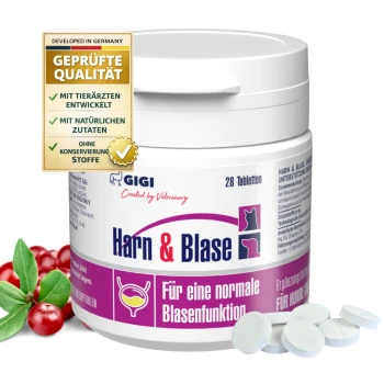 Behälter mit "Harn & Blase" Tabletten für Hunde (28 Tabletten) mit Cranberries und grünen Blättern. Text: "Für eine normale Blasenfunktion."