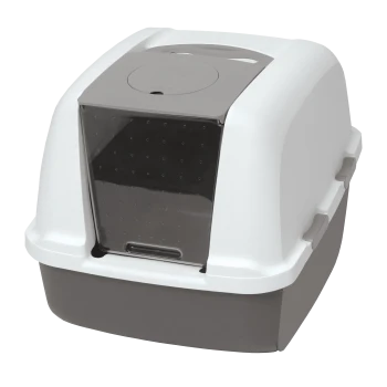Eine moderne, überdachte Katzentoilette in Weiß und Grau, mit einer transparenten Vorderseite und einem Deckel mit Zugang von oben.