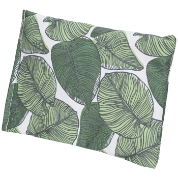 A pet bed featuring a vibrant green leaf pattern on a white background, showcasing various leaf shapes and textures.