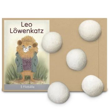 Eine Pappverpackung mit einem Cartoon-Löwencharakter namens Leo Löwenkatz, mit fünf weißen Filzkugeln, die vorne angezeigt werden.