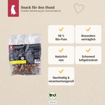 Tüte mit Liebesgut luftgetrockneten Hundesnacks mit Aufschrift „Snack für den Hund“ und „98% Bio‑Pute“.