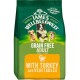 James Wellbeloved Grain Free Adult Dog Food, with turkey and vegetables, suitable for dogs aged 1-7 years, featuring playful dogs on the bag.