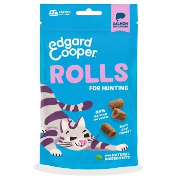 Edgard Cooper 'ROLLS for hunting' cat treat bag, blue, salmon & chicken, playful cat illustration, three brown rolls